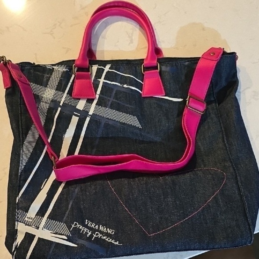 Vera Wang Preppy Princess Denim Tote Bag Pink Heart Crossbody Dark Wash Blue - Picture 3 of 4